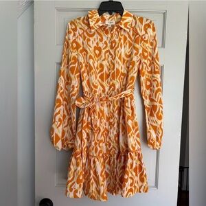 Umgee S Orange and White Button Front Collared Tie Waist Long Sleeve Dress
